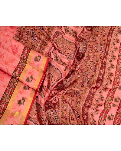 Sanskriti Vintage Sarees Pink Zari Border Pure Silk Printed Sari Craft Fabric, PR-63865-Blush-Pink-Pure Silk-2