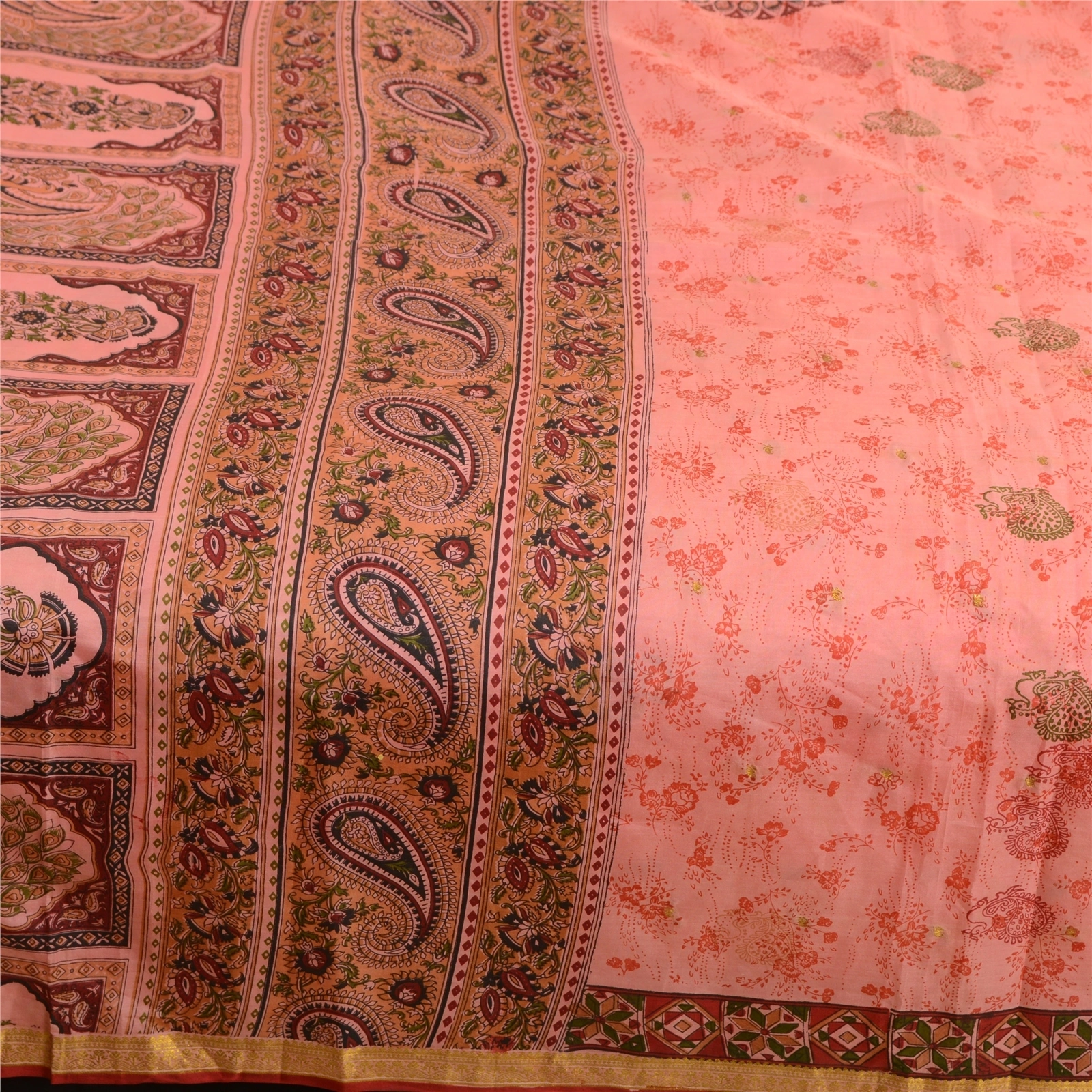 Sanskriti Vintage Sarees Pink Zari Border Pure Silk Printed Sari Craft Fabric, PR-63865-Blush-Pink-Pure Silk-3