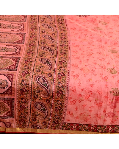 Sanskriti Vintage Sarees Pink Zari Border Pure Silk Printed Sari Craft Fabric, PR-63865-Blush-Pink-Pure Silk-3
