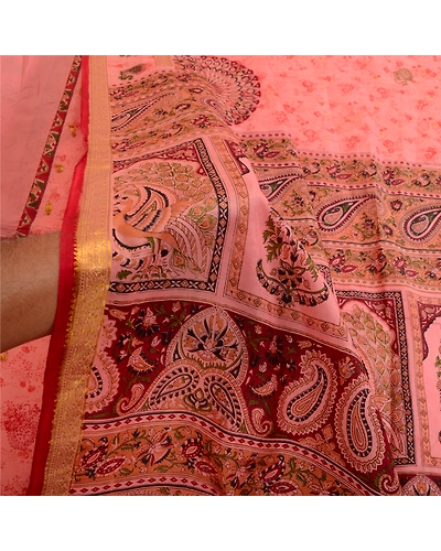 Sanskriti Vintage Sarees Pink Zari Border Pure Silk Printed Sari Craft Fabric, PR-63865-Blush-Pink-Pure Silk-5