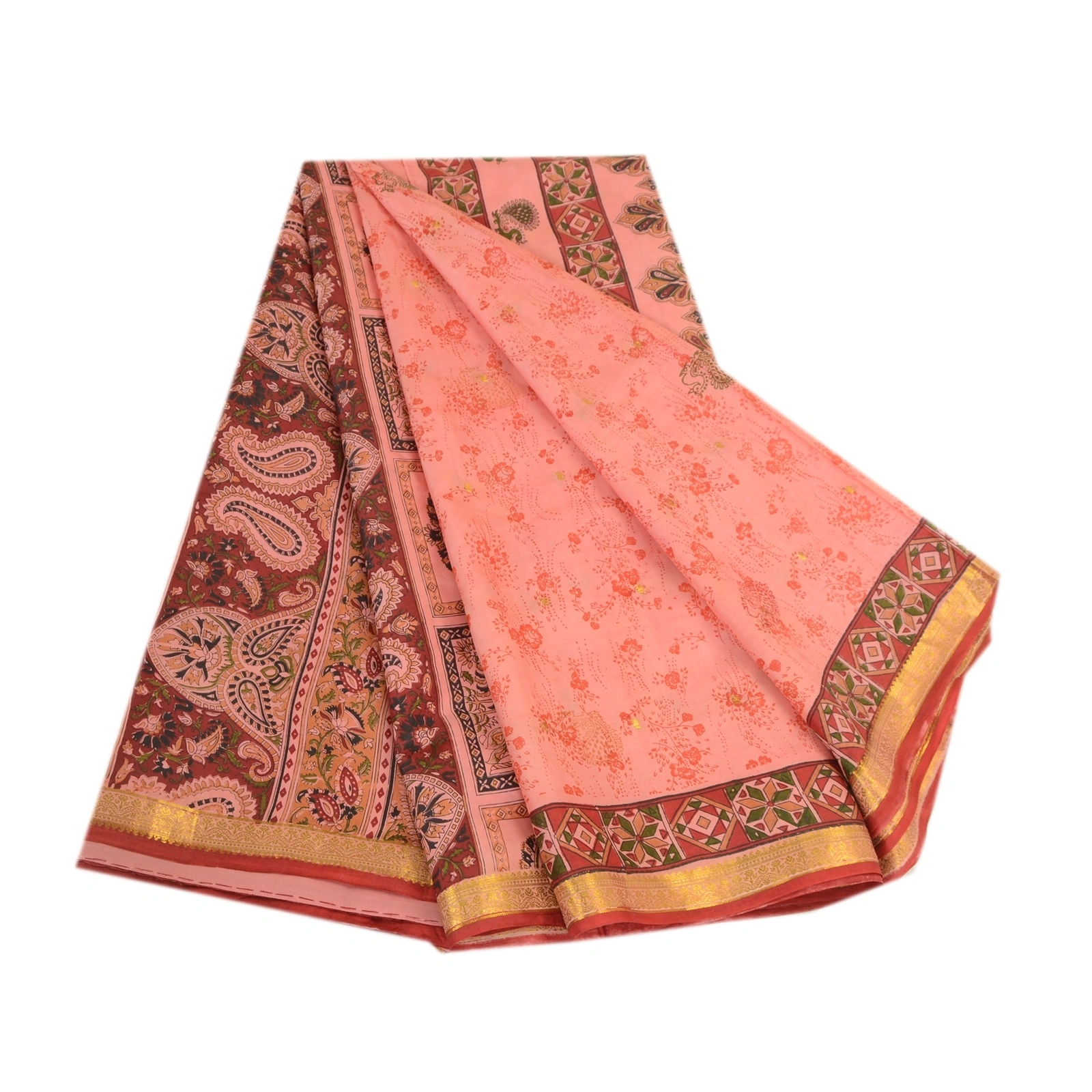 Sanskriti Vintage Sarees Pink Zari Border Pure Silk Printed Sari Craft Fabric, PR-63865-Blush-Pink-Pure Silk-6