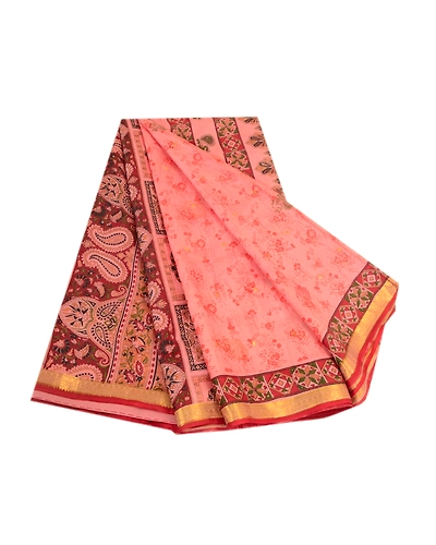 Sanskriti Vintage Sarees Pink Zari Border Pure Silk Printed Sari Craft Fabric, PR-63865-Blush-Pink-Pure Silk-6
