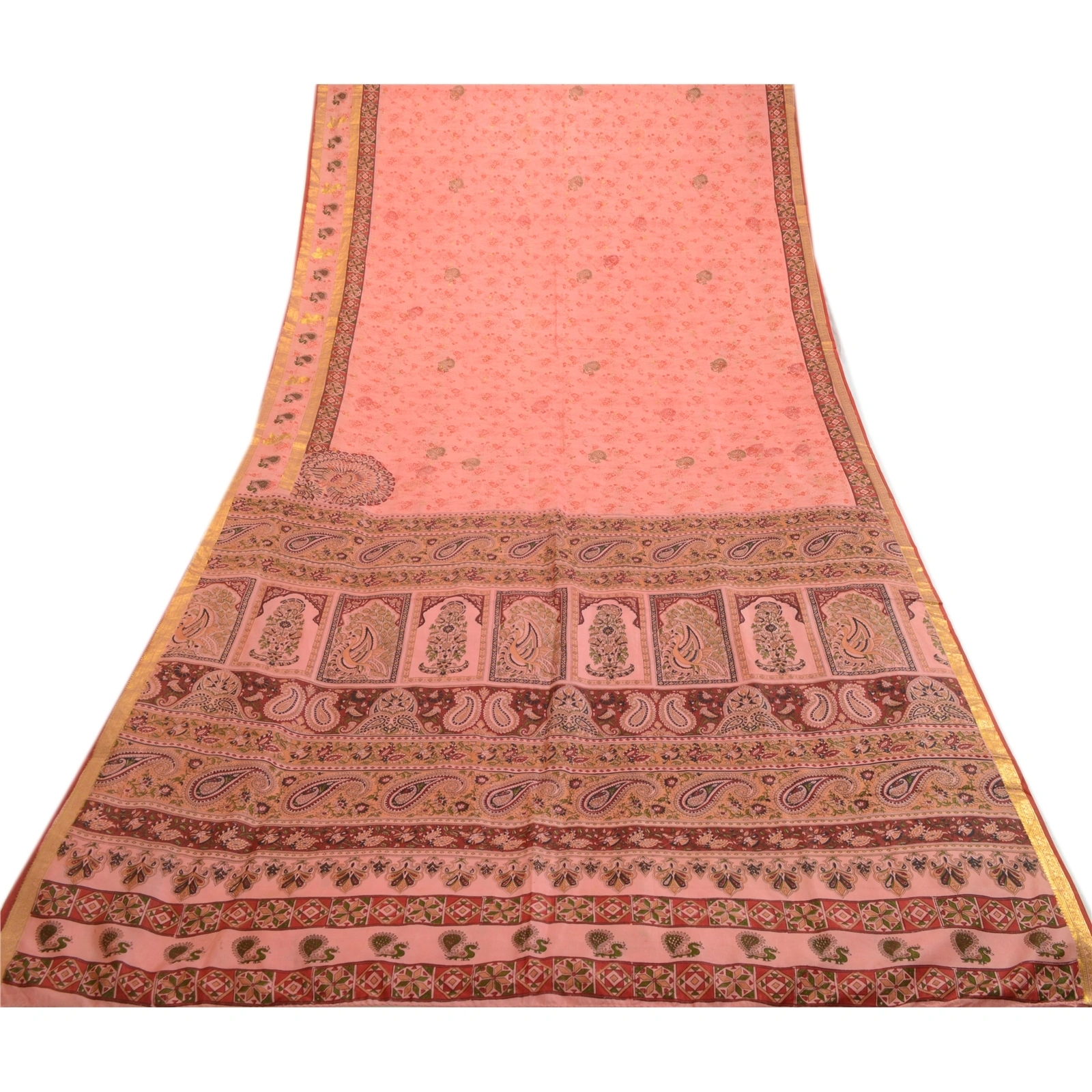 Sanskriti Vintage Sarees Pink Zari Border Pure Silk Printed Sari Craft Fabric, PR-63865-Blush-Pink-Pure Silk-7