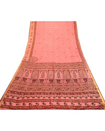 Sanskriti Vintage Sarees Pink Zari Border Pure Silk Printed Sari Craft Fabric, PR-63865-Blush-Pink-Pure Silk-7