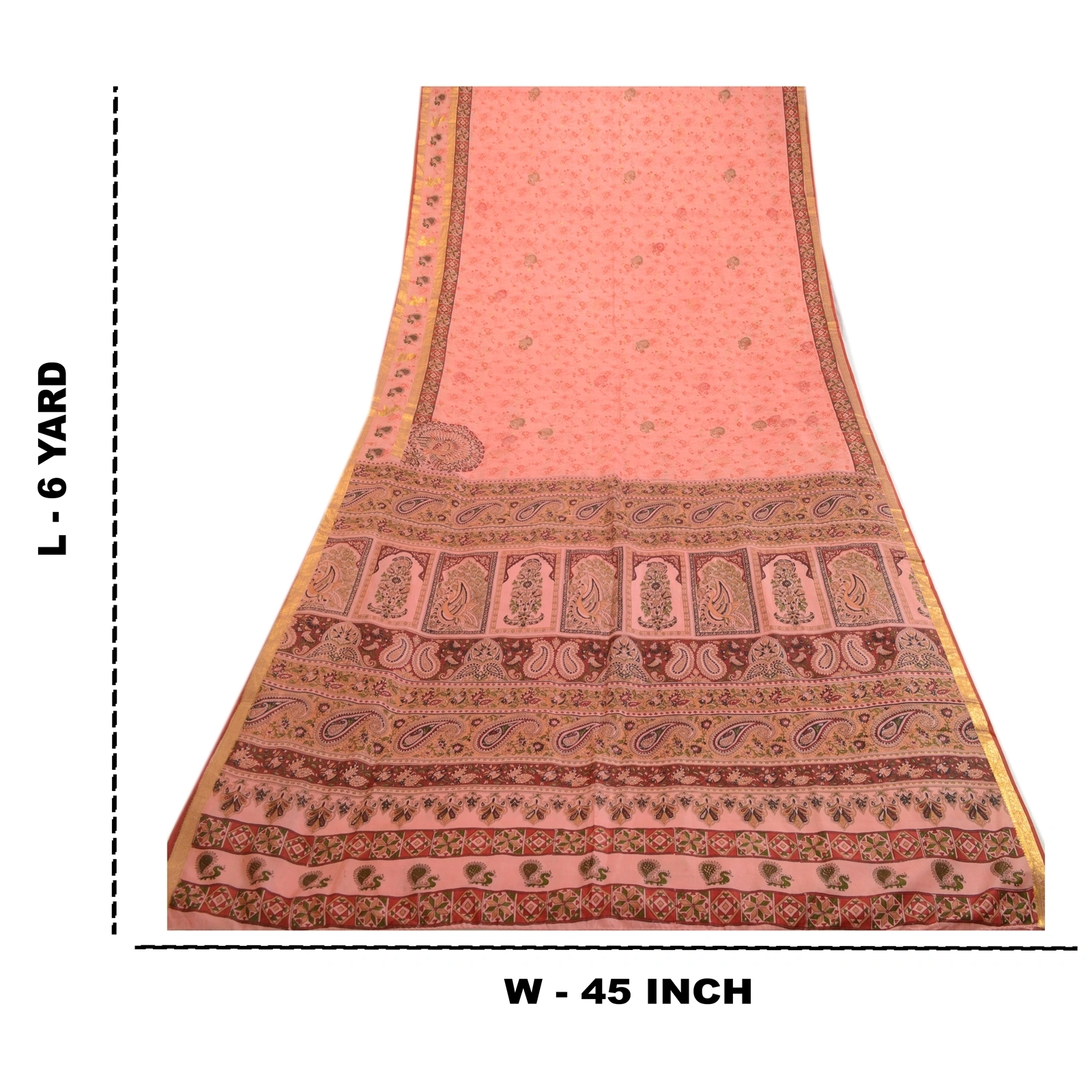 Sanskriti Vintage Sarees Pink Zari Border Pure Silk Printed Sari Craft Fabric, PR-63865-Blush-Pink-Pure Silk-8