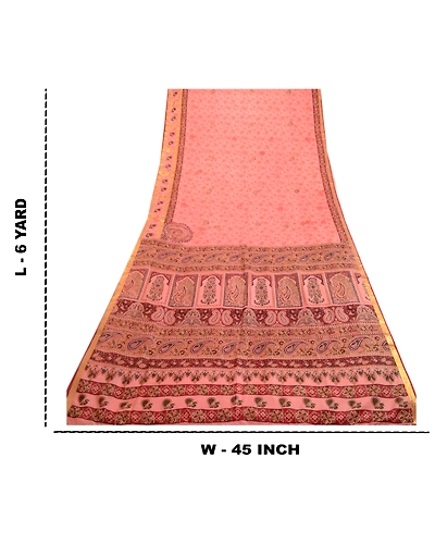 Sanskriti Vintage Sarees Pink Zari Border Pure Silk Printed Sari Craft Fabric, PR-63865-Blush-Pink-Pure Silk-8