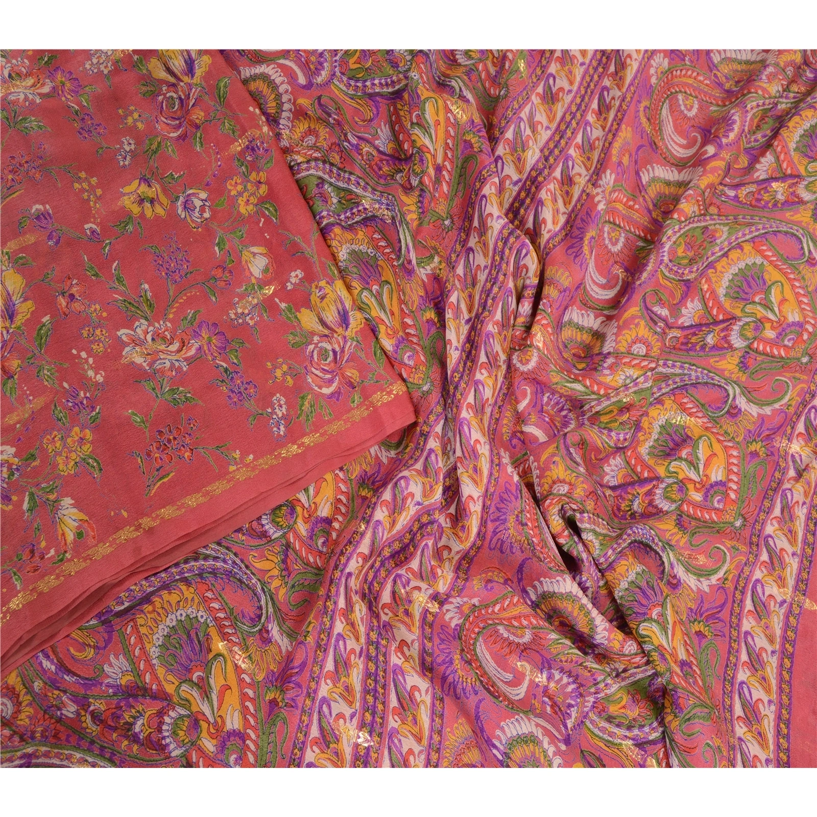 Sanskriti Vintage Sarees Pink Pure Chinon Silk Printed Woven Sari Craft Fabric, PR-63879-Pink-Pure Chinon Silk-1