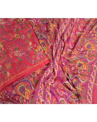 Sanskriti Vintage Sarees Pink Pure Chinon Silk Printed Woven Sari Craft Fabric, PR-63879-Pink-Pure Chinon Silk-1