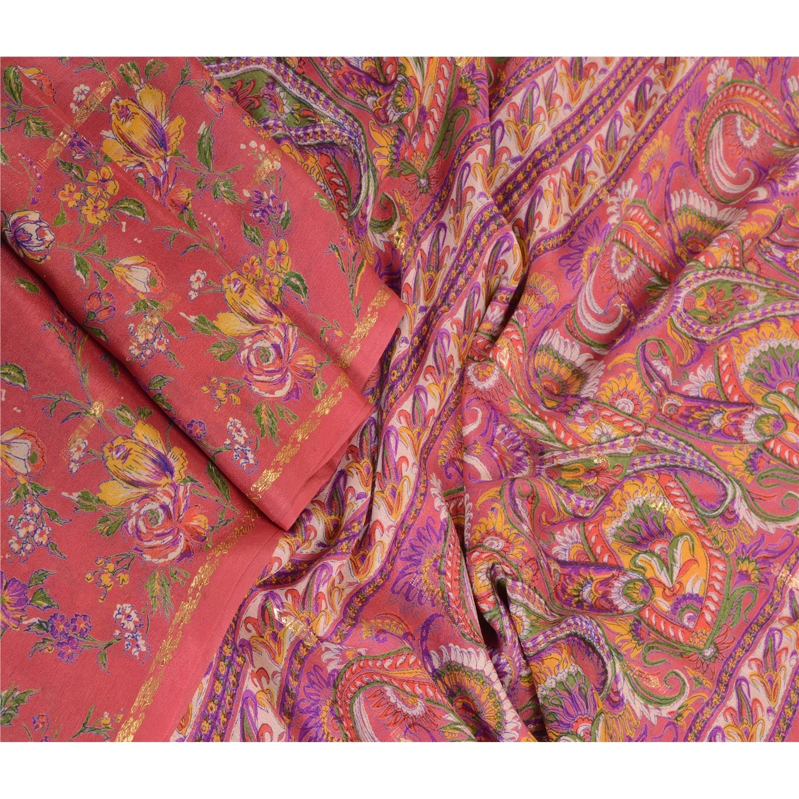 Sanskriti Vintage Sarees Pink Pure Chinon Silk Printed Woven Sari Craft Fabric, PR-63879-Pink-Pure Chinon Silk-2