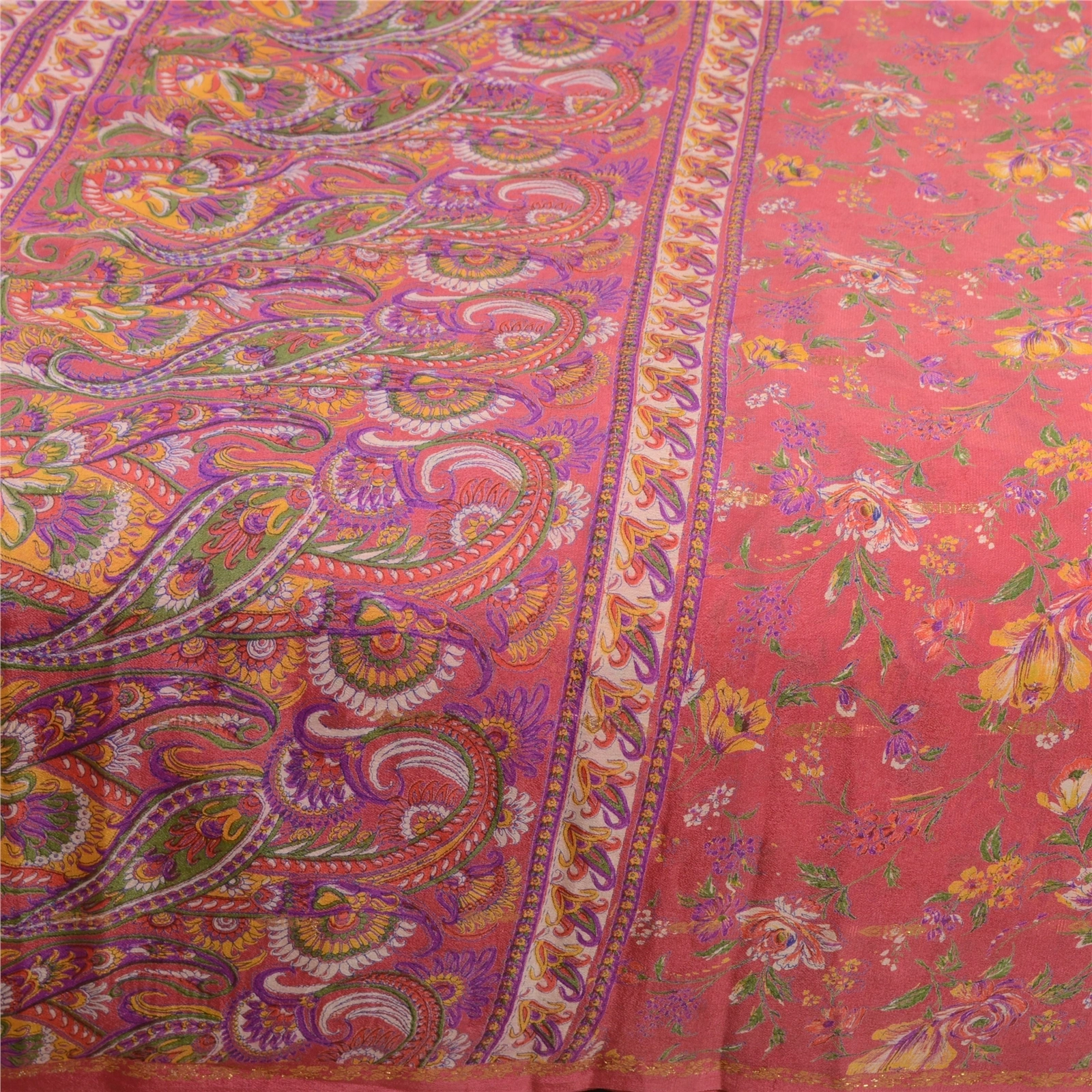 Sanskriti Vintage Sarees Pink Pure Chinon Silk Printed Woven Sari Craft Fabric, PR-63879-Pink-Pure Chinon Silk-3