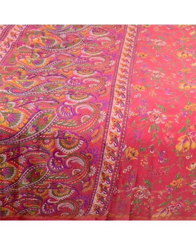Sanskriti Vintage Sarees Pink Pure Chinon Silk Printed Woven Sari Craft Fabric, PR-63879-Pink-Pure Chinon Silk-3