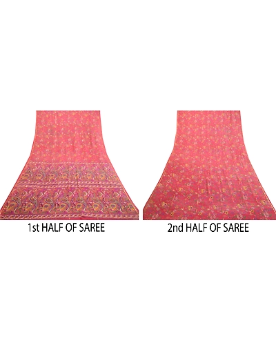 Sanskriti Vintage Sarees Pink Pure Chinon Silk Printed Woven Sari Craft Fabric, PR-63879-Pink-Pure Chinon Silk-4