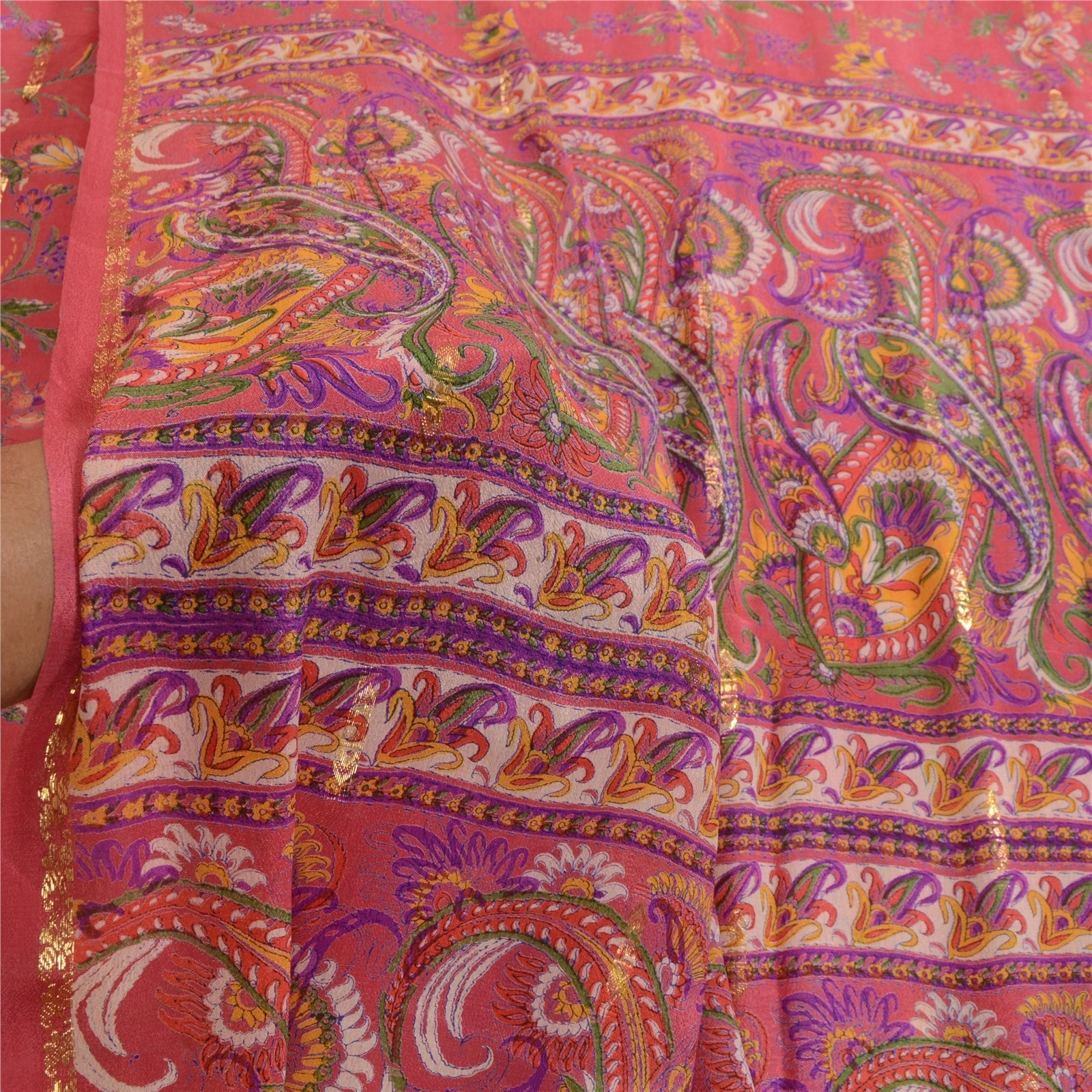 Sanskriti Vintage Sarees Pink Pure Chinon Silk Printed Woven Sari Craft Fabric, PR-63879-Pink-Pure Chinon Silk-5