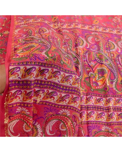 Sanskriti Vintage Sarees Pink Pure Chinon Silk Printed Woven Sari Craft Fabric, PR-63879-Pink-Pure Chinon Silk-5