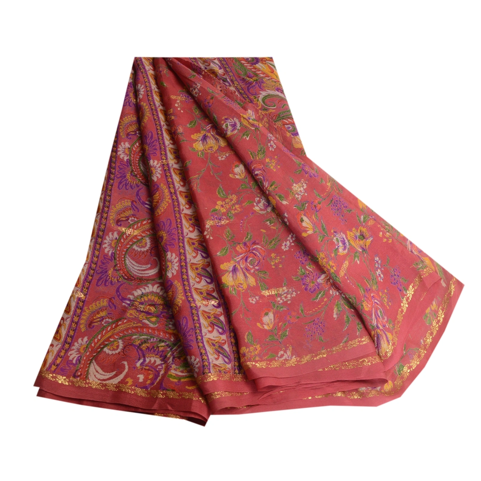 Sanskriti Vintage Sarees Pink Pure Chinon Silk Printed Woven Sari Craft Fabric, PR-63879-Pink-Pure Chinon Silk-6