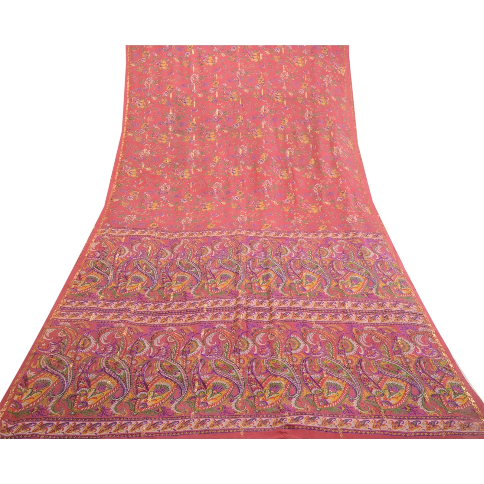 Sanskriti Vintage Sarees Pink Pure Chinon Silk Printed Woven Sari Craft Fabric, PR-63879-Pink-Pure Chinon Silk-7