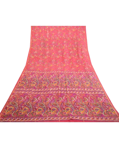 Sanskriti Vintage Sarees Pink Pure Chinon Silk Printed Woven Sari Craft Fabric, PR-63879-Pink-Pure Chinon Silk-7