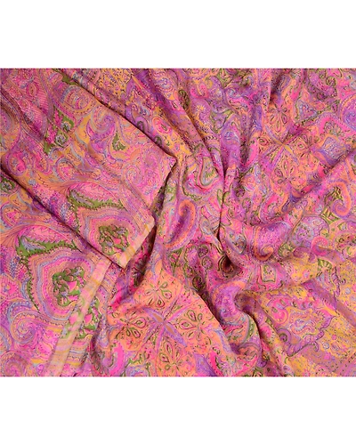 Sanskriti Vintage Sarees Purple Pure Silk Printed Woven Sari Floral Craft Fabric, PR-63886-Purple-Pure Silk-2