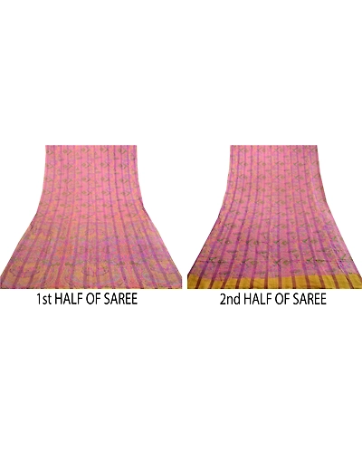 Sanskriti Vintage Sarees Purple Pure Silk Printed Woven Sari Floral Craft Fabric, PR-63886-Purple-Pure Silk-4