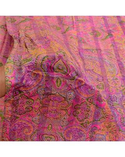 Sanskriti Vintage Sarees Purple Pure Silk Printed Woven Sari Floral Craft Fabric, PR-63886-Purple-Pure Silk-5
