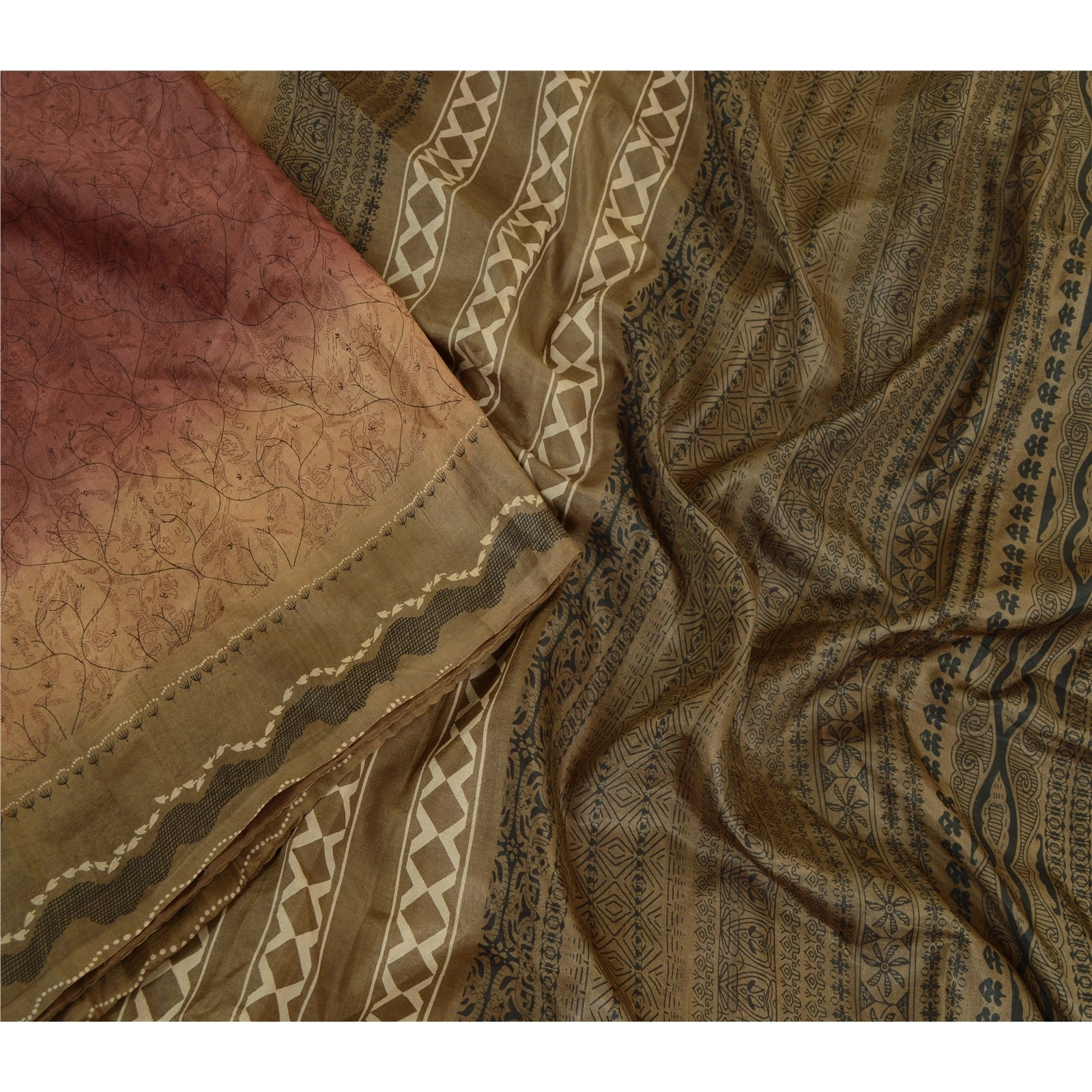 Sanskriti Vintage Sarees Coffee-Brown Pure Silk Printed Sari Floral Craft Fabric, PR-63887-Coffee-Brown-Pure Silk-1