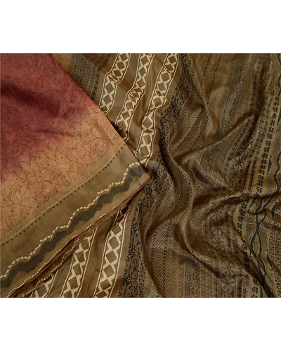 Sanskriti Vintage Sarees Coffee-Brown Pure Silk Printed Sari Floral Craft Fabric, PR-63887-Coffee-Brown-Pure Silk-1