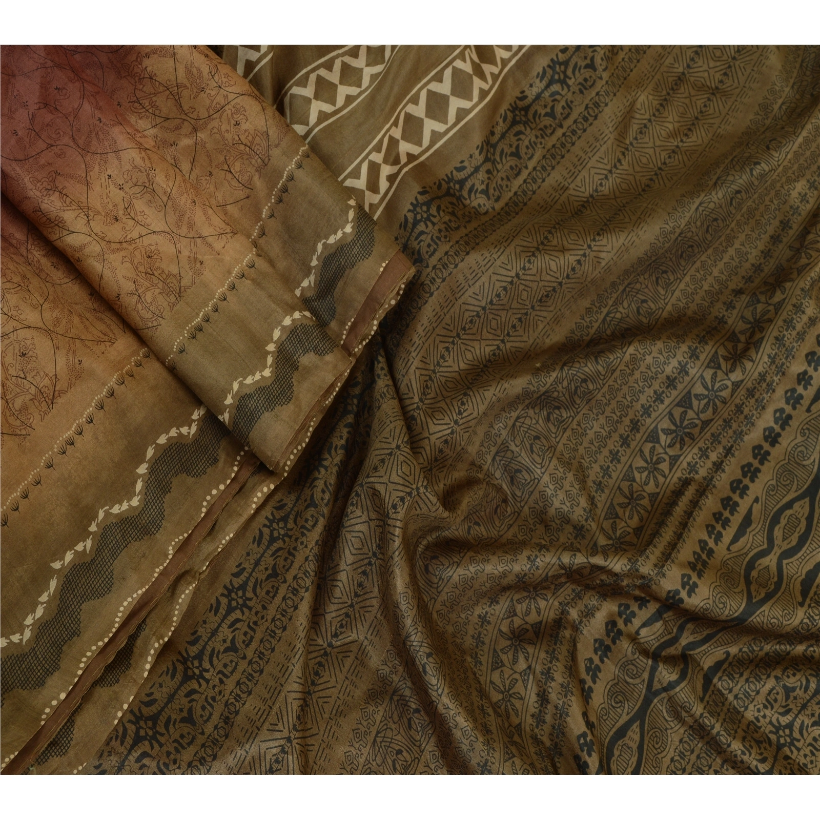 Sanskriti Vintage Sarees Coffee-Brown Pure Silk Printed Sari Floral Craft Fabric, PR-63887-Coffee-Brown-Pure Silk-2