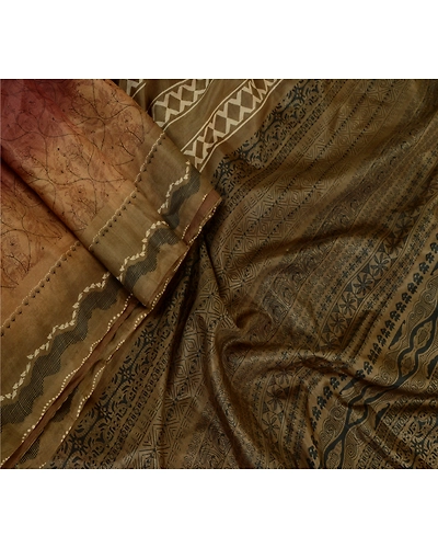 Sanskriti Vintage Sarees Coffee-Brown Pure Silk Printed Sari Floral Craft Fabric, PR-63887-Coffee-Brown-Pure Silk-2