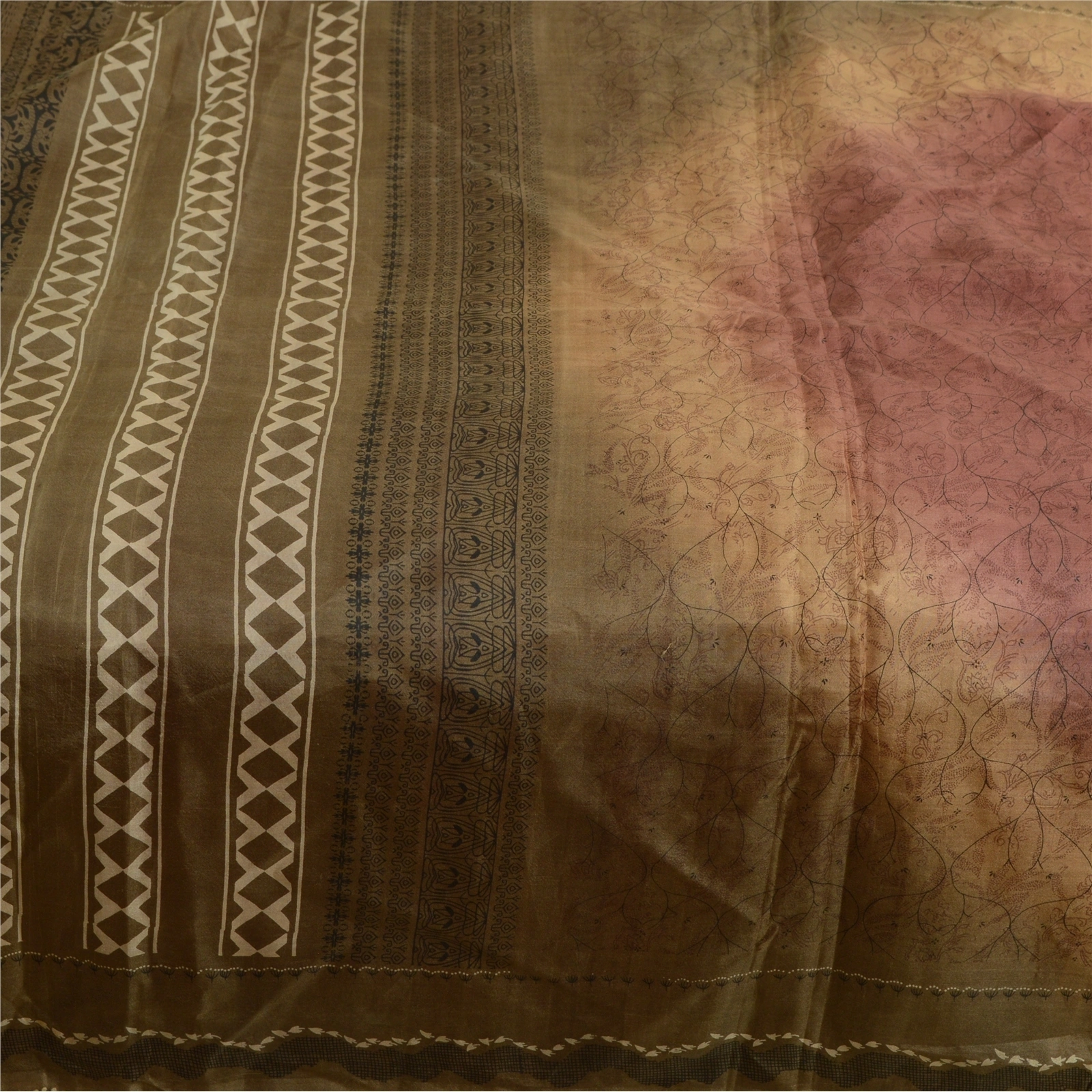 Sanskriti Vintage Sarees Coffee-Brown Pure Silk Printed Sari Floral Craft Fabric, PR-63887-Coffee-Brown-Pure Silk-3