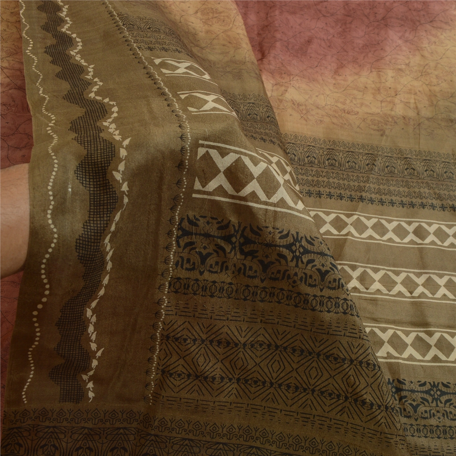 Sanskriti Vintage Sarees Coffee-Brown Pure Silk Printed Sari Floral Craft Fabric, PR-63887-Coffee-Brown-Pure Silk-5