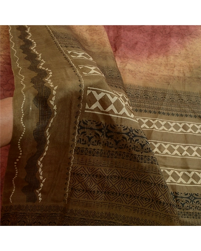 Sanskriti Vintage Sarees Coffee-Brown Pure Silk Printed Sari Floral Craft Fabric, PR-63887-Coffee-Brown-Pure Silk-5