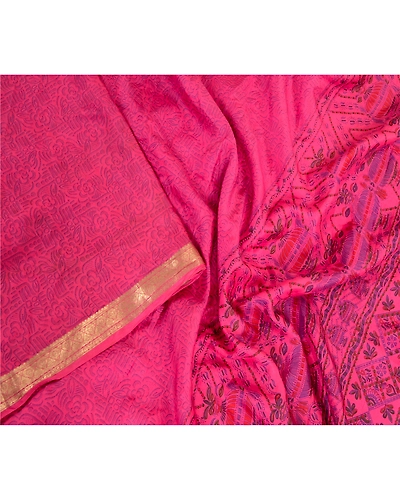 Sanskriti Vintage Sarees Pink Zari Border Pure Silk Printed Sari Craft Fabric, PR-63888-Pink-Pure Silk-1
