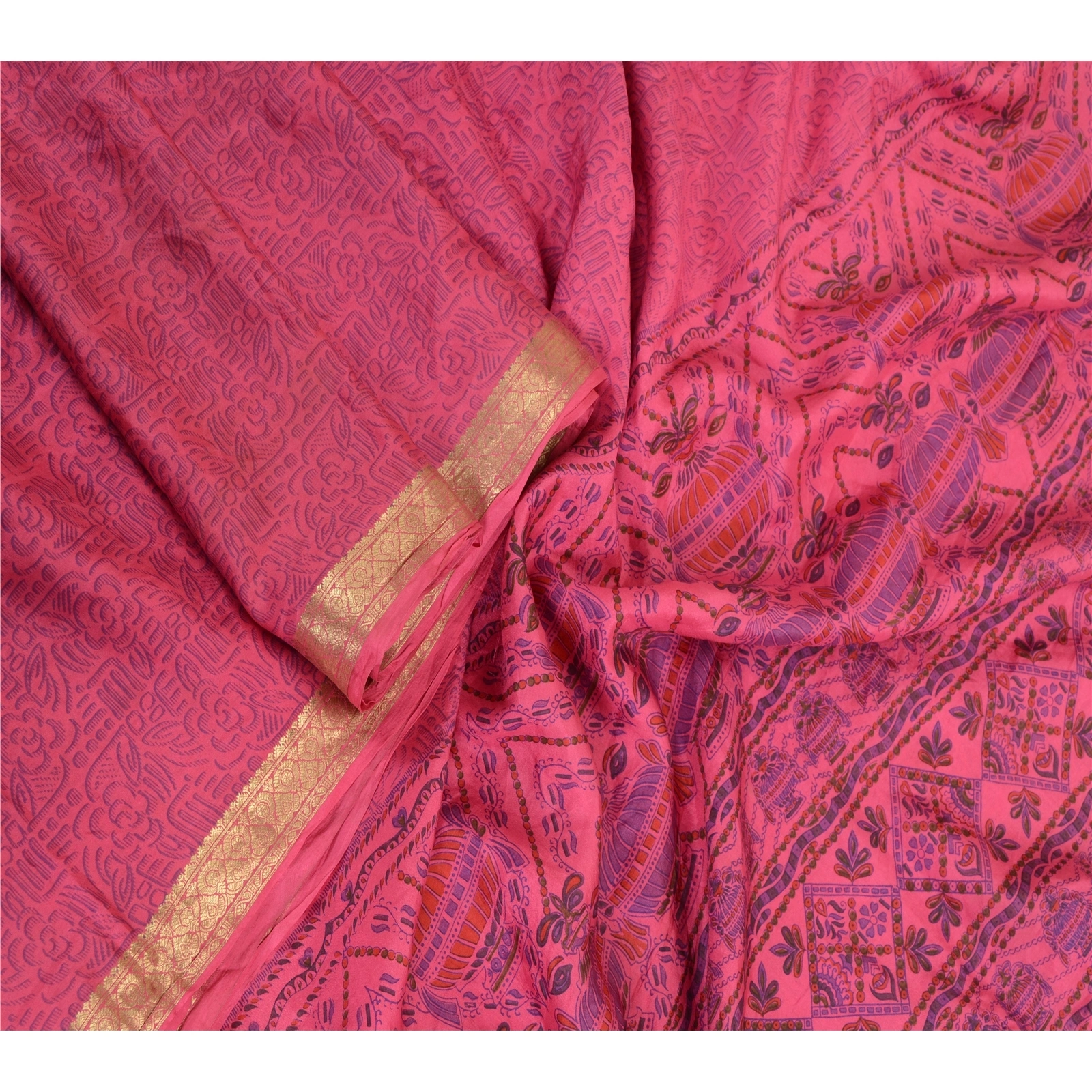 Sanskriti Vintage Sarees Pink Zari Border Pure Silk Printed Sari Craft Fabric, PR-63888-Pink-Pure Silk-2