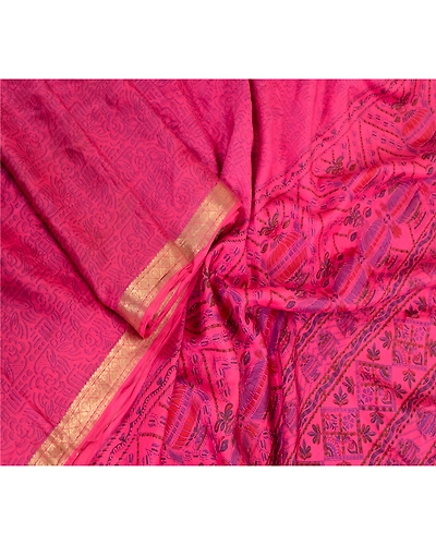 Sanskriti Vintage Sarees Pink Zari Border Pure Silk Printed Sari Craft Fabric, PR-63888-Pink-Pure Silk-2