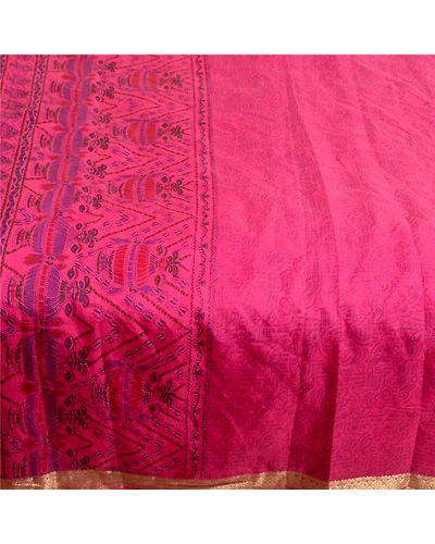 Sanskriti Vintage Sarees Pink Zari Border Pure Silk Printed Sari Craft Fabric, PR-63888-Pink-Pure Silk-3