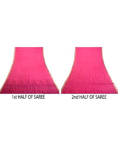 Sanskriti Vintage Sarees Pink Zari Border Pure Silk Printed Sari Craft Fabric, PR-63888-Pink-Pure Silk-4