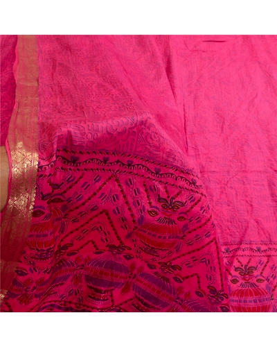 Sanskriti Vintage Sarees Pink Zari Border Pure Silk Printed Sari Craft Fabric, PR-63888-Pink-Pure Silk-5