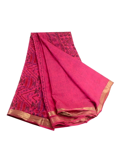 Sanskriti Vintage Sarees Pink Zari Border Pure Silk Printed Sari Craft Fabric, PR-63888-Pink-Pure Silk-6