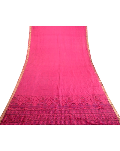 Sanskriti Vintage Sarees Pink Zari Border Pure Silk Printed Sari Craft Fabric, PR-63888-Pink-Pure Silk-7