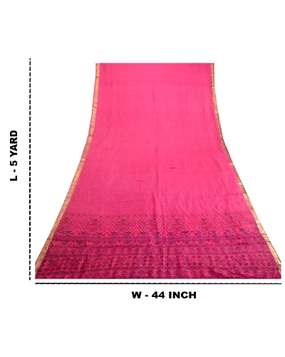 Sanskriti Vintage Sarees Pink Zari Border Pure Silk Printed Sari Craft Fabric, PR-63888-Pink-Pure Silk-8
