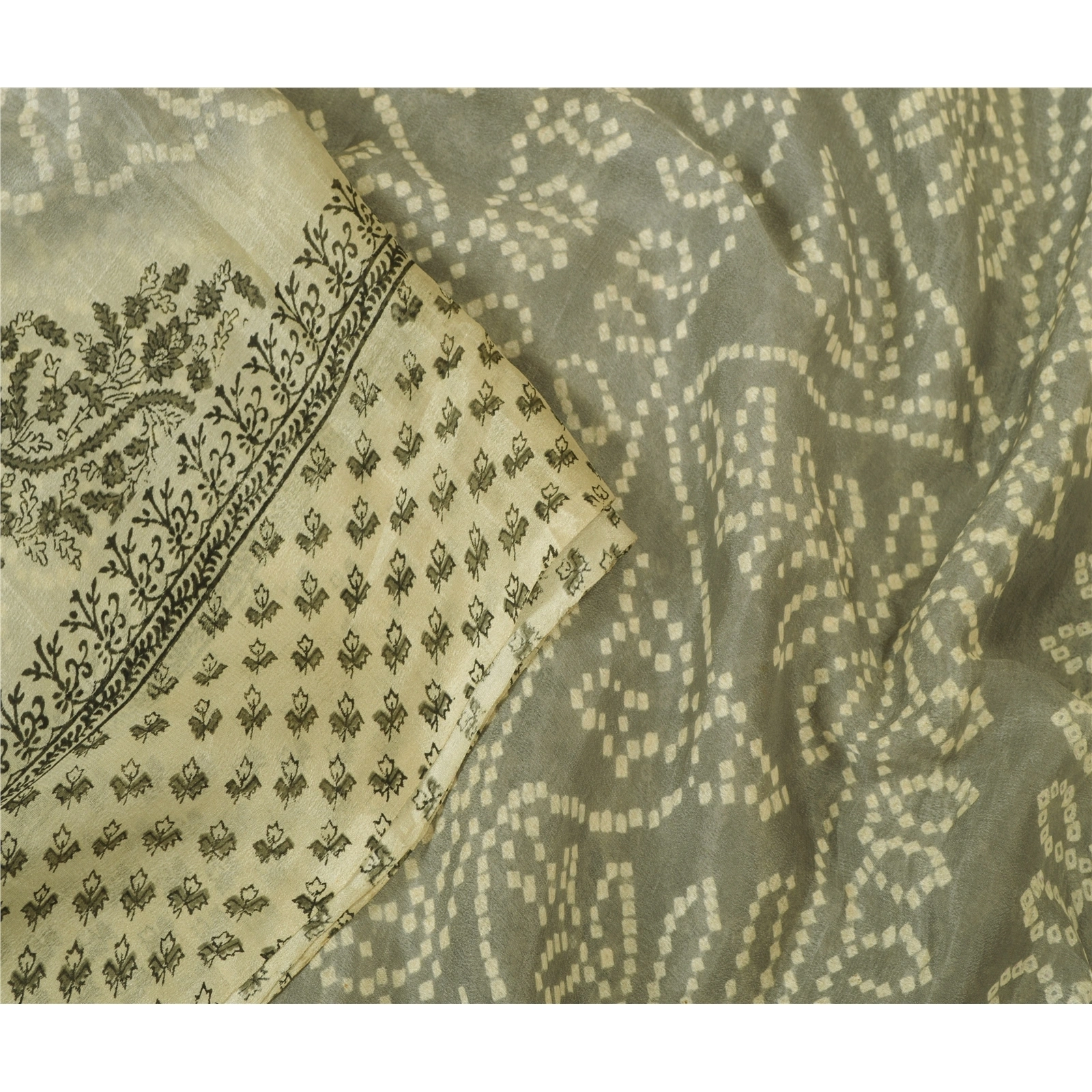 Sanskriti Vintage Sarees Gray Bandhani Printed 100% Pure Silk Sari Craft Fabric, PR-63892-Gray-Pure Silk-1