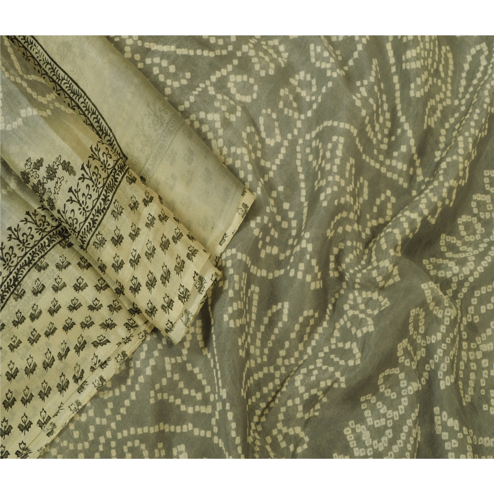 Sanskriti Vintage Sarees Gray Bandhani Printed 100% Pure Silk Sari Craft Fabric, PR-63892-Gray-Pure Silk-2