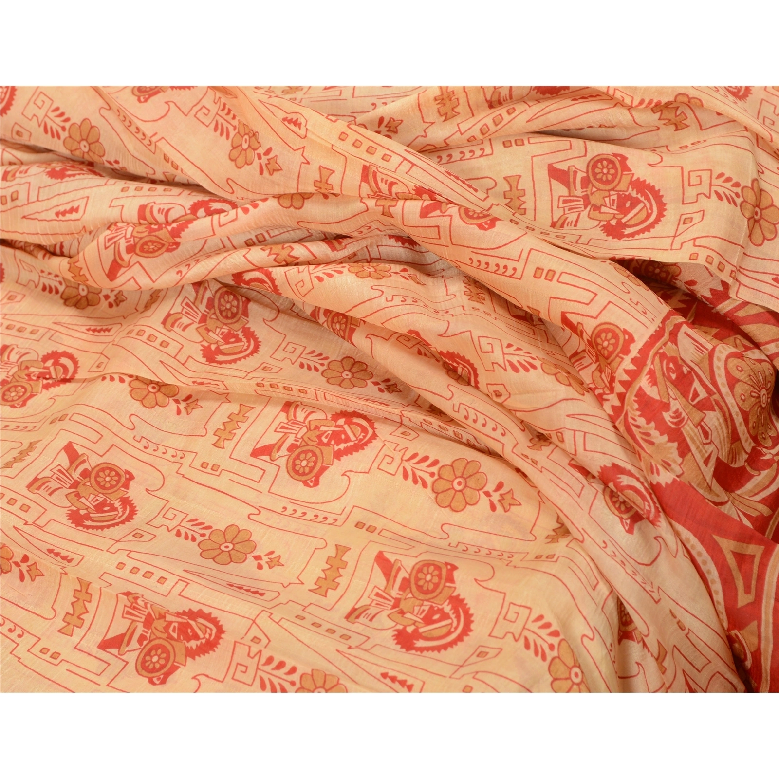 Sanskriti Vintage Sarees Cream Human Printed Pure Silk Sari Soft Craft Fabric, PR-63896-Cream-Pure Silk-6