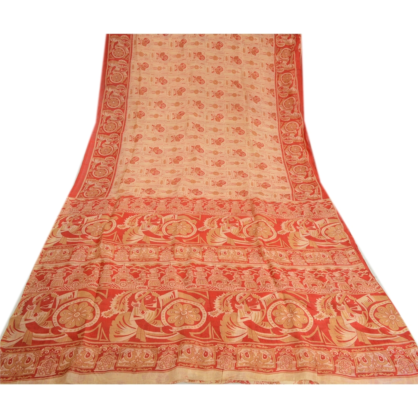 Sanskriti Vintage Sarees Cream Human Printed Pure Silk Sari Soft Craft Fabric, PR-63896-Cream-Pure Silk-8