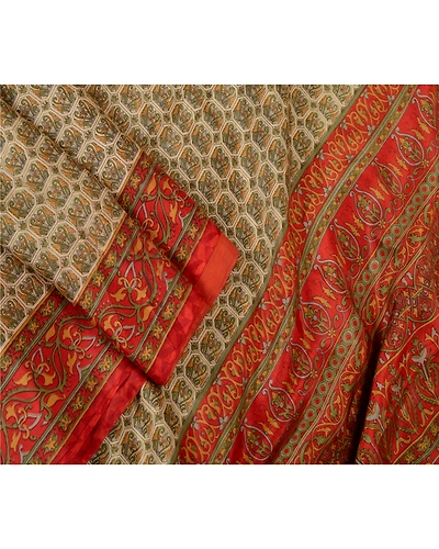 Sanskriti Vintage Sarees From India Green Printed Pure Silk Sari Craft Fabric, PR-63899-Green-Pure Silk-2
