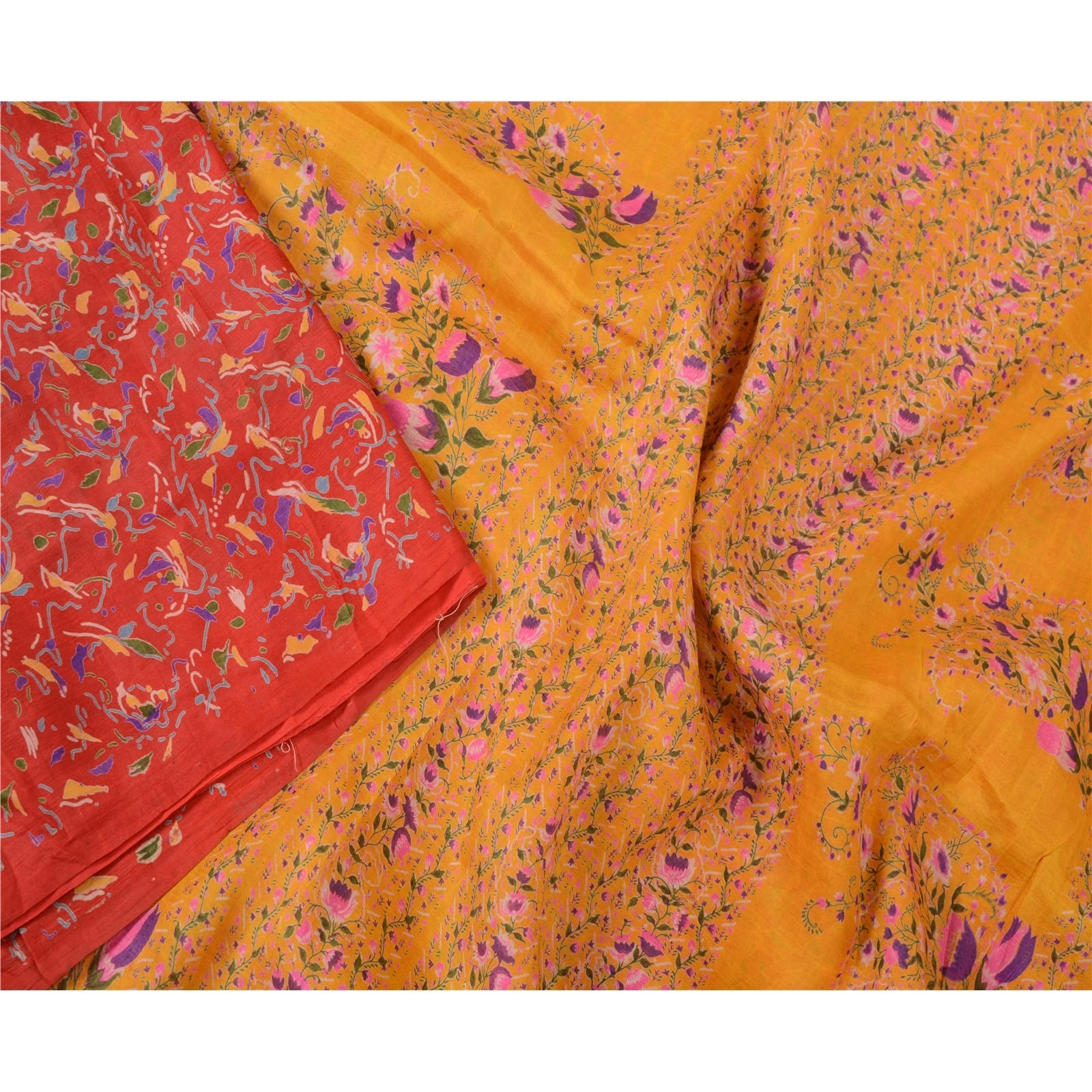 Sanskriti Vintage Sarees From Indian Red Printed Pure Silk Sari 5Yd Craft Fabric, PR-63903-Red-Pure Silk-1