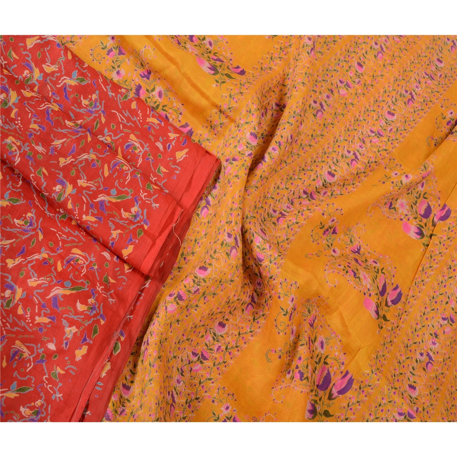 Sanskriti Vintage Sarees From Indian Red Printed Pure Silk Sari 5Yd Craft Fabric, PR-63903-Red-Pure Silk-2