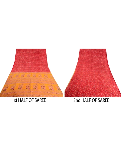 Sanskriti Vintage Sarees From Indian Red Printed Pure Silk Sari 5Yd Craft Fabric, PR-63903-Red-Pure Silk-4