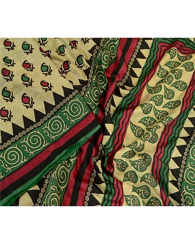 Sanskriti Vintage Sarees Indian Green Printed Pure Silk Sari Floral Craft Fabric, PR-63910-Green-Pure Silk-1