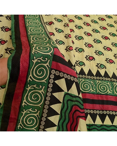 Sanskriti Vintage Sarees Indian Green Printed Pure Silk Sari Floral Craft Fabric, PR-63910-Green-Pure Silk-5